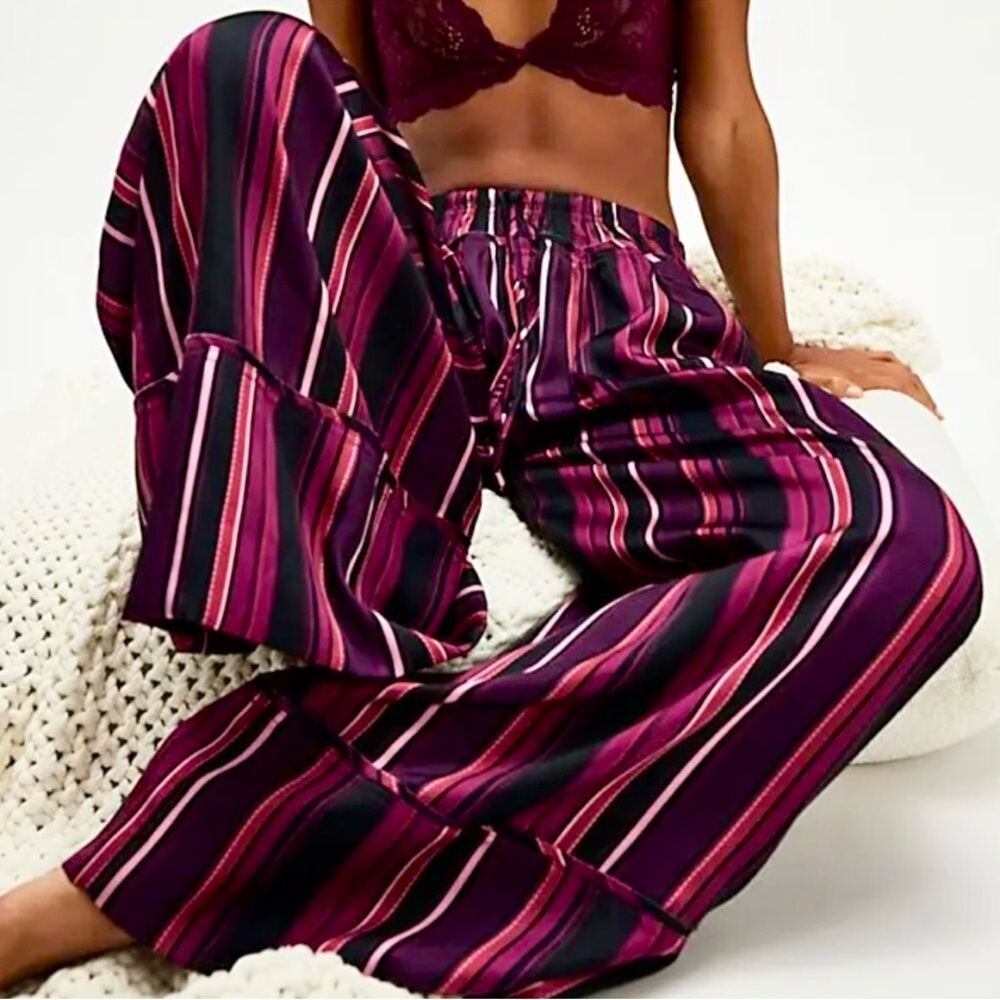 Free People Wide Leg Striped Lounge Pants in Plum Multi - Picture 1 of 8